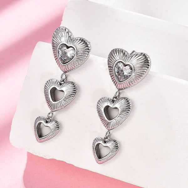 Boucles d'oreilles pendantes en forme de cœur en acier inoxydable 304 avec zircone cubique transparent