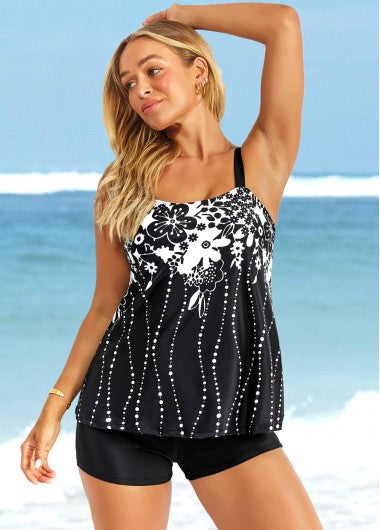 Modlily Floral Print Wide Strap Black Tankini Set - S