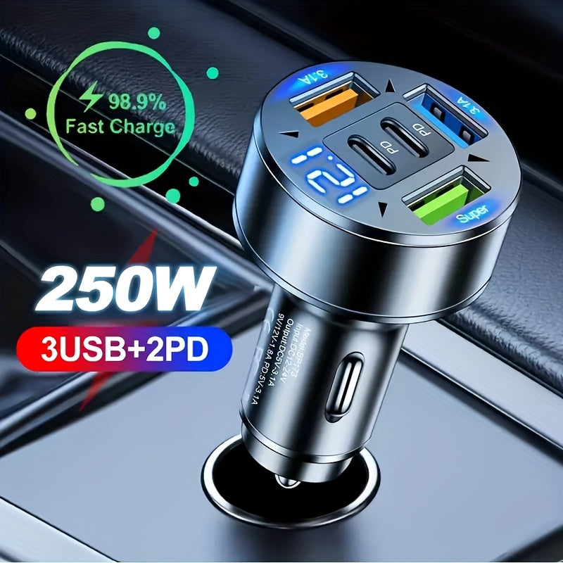 TEMU Newly Upgraded 100w Digital Display Car Charger With 2 Pd+3 Usb-c And .1 Ports - Fast Charging Adapter Suitable For Smartphones, Tablets, Cars,