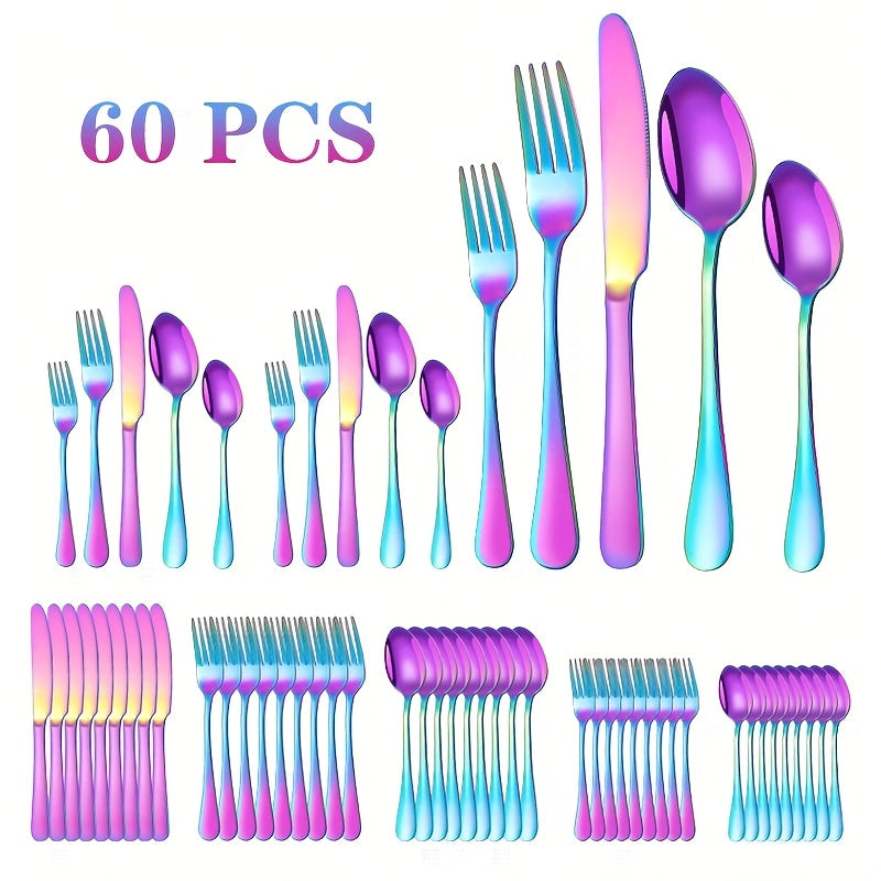 TEMU 60-30pcs Outdoor Stainless Steel Rainbow Cutlery Set, Portable And Durable, 12-6 Serving Knives, Forks And Spoons Set, Mirror Polished Cutlery,