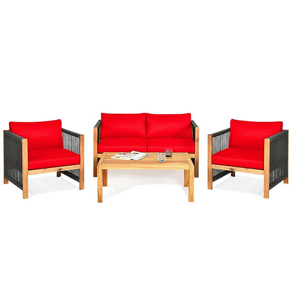4-Piece Wooden Patio Furniture Set with Rope Armrests - Red