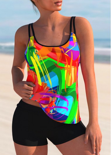 Modlily Rainbow Color Stroke Print Tankini Top Colorful Brush Stroke Print Double Wide Strap Tankini Top - S