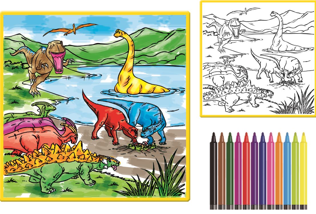 Kids' Washable Coloring Mat with 12 Washable Markers - Dinosaurs 19.5”x19.5”