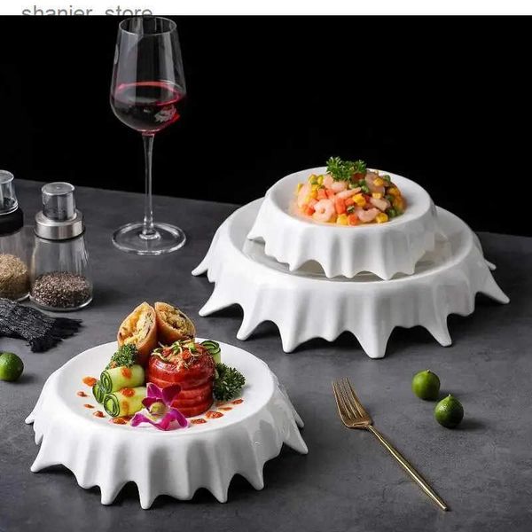 Dishes Plates European style white irregular board circular high ceramic dining plate family cake tray kitchen set and tableware L240910