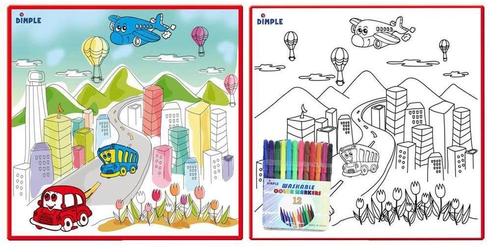 Kids' Washable Coloring Mat with 12 Washable Markers - City Life 19.5”x19.5”
