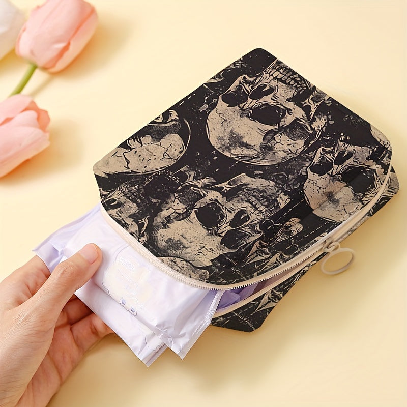 TEMU 1pc, Skull Pattern Portable Sanitary Pad Organizer Pouch, Candy Storage Bag, Lightweight Multi-functional Case With Zipper