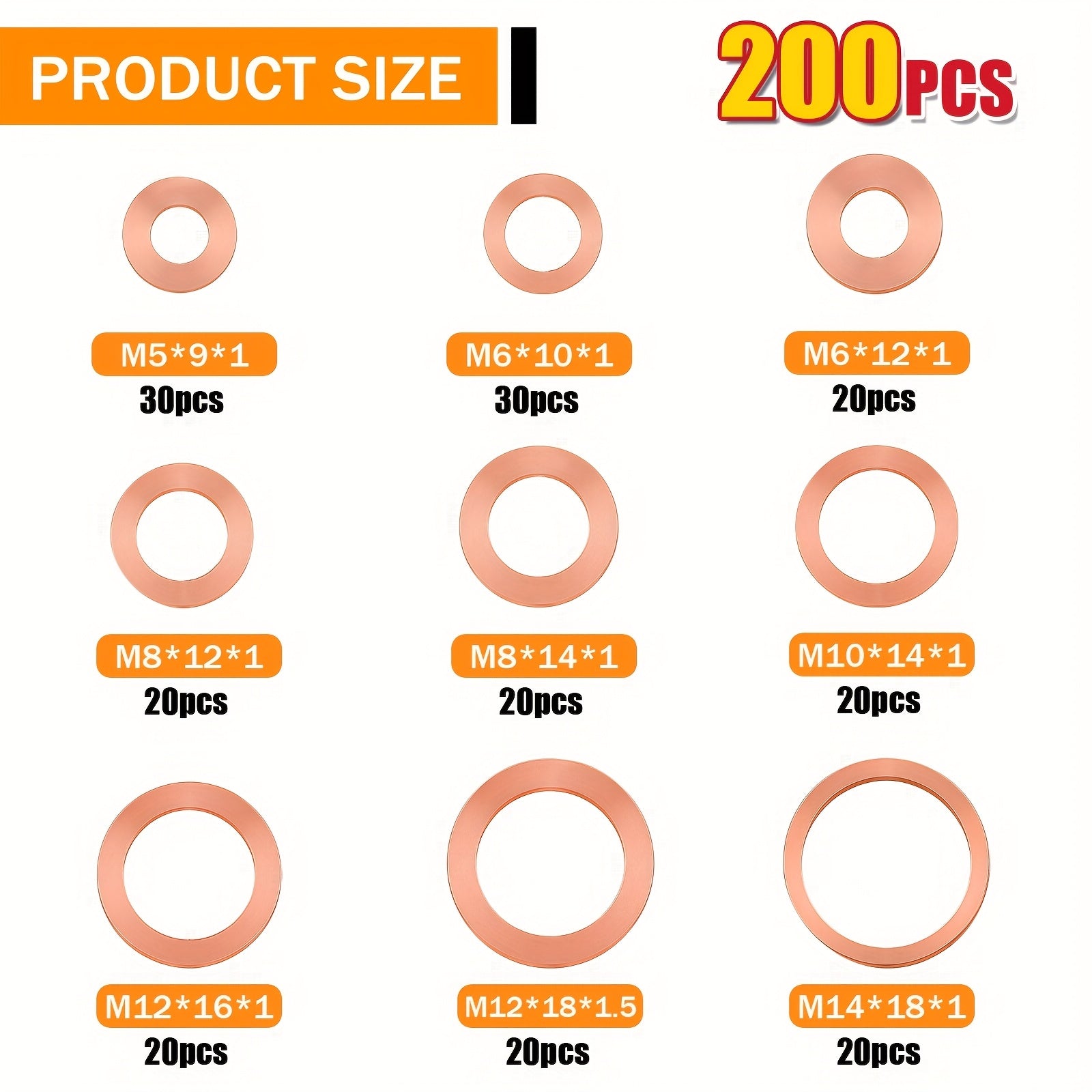 TEMU 200-100 Solid Durable Copper Washers With Storage Case, M5-m14 Common Sizes For Oil Pan Plugs, Boats, Oil Pump Covers And Applications