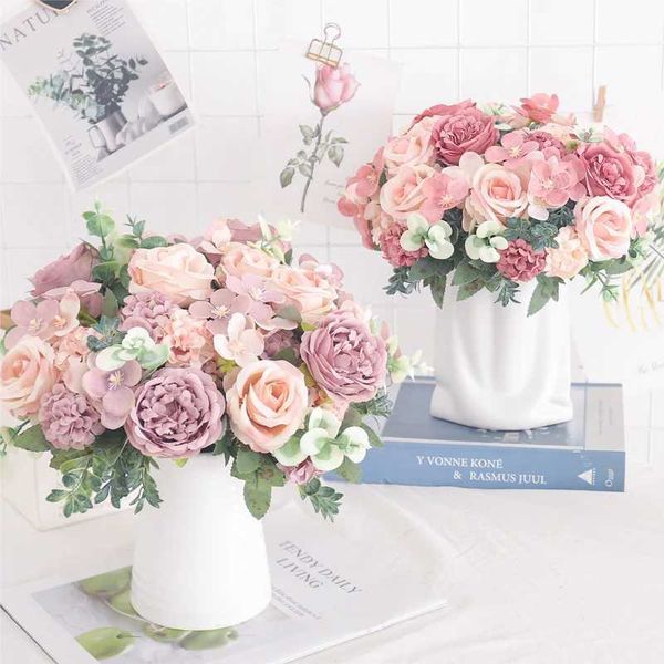 Artificial Flowers Silk Peony Hydrangea For Living Room Home Decoration Wedding Bride Bouquet Rose Fake Plants Table AccessoriesXJ241212