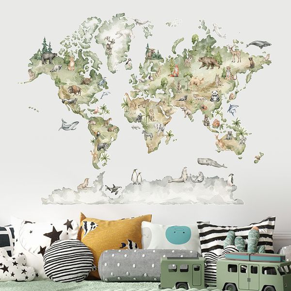 Wallpapers Watercolor World Map Animals Wildlife Wall Stickers Removable Vinyl Wall Decals Print Kids Room Playroom Interior Home Decor 2305