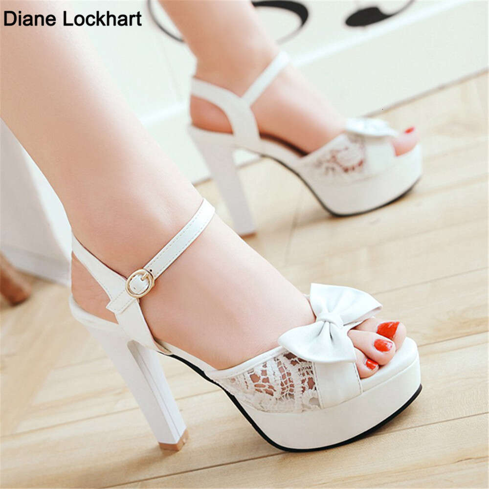 Women Summer Lace Bow Mesh Shoes Fish Mouth High Heel Ladys Platform Sandals Evening White Dress Wedding Female Atos De Mujer
