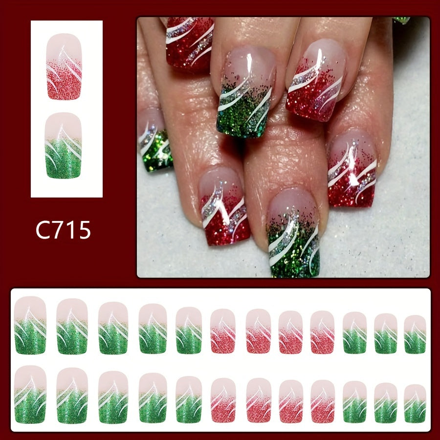 TEMU 24pcs Square Glossy Press-on Nails, Mixed , Middle Length, Holiday Elements With Red Green Glitter & , Christmas Theme Fake Nails For Women And