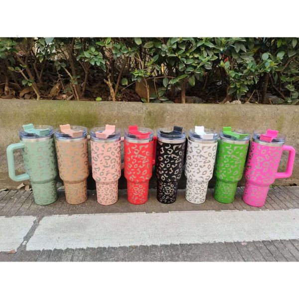 40oz Leopard with Handle Lid Straw Big Capacity Beer Mugs Water Bottle Outdoor Camping Cup Vacuum Insulated Drinking Tumblers 309