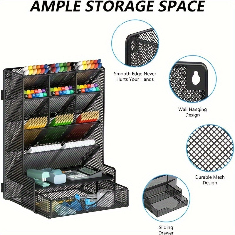TEMU Multi-functional Desk Organizer With Drawer, Wall Mount Pen Holder For School, Office, Home, Art Supplies - Adjustable, Foldable, Lightweight