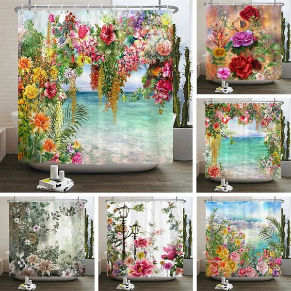 Retro flowering shower curtains bathroom curtains waterproof polyester bathroom curtains with 12 hooks shower curtains 240903