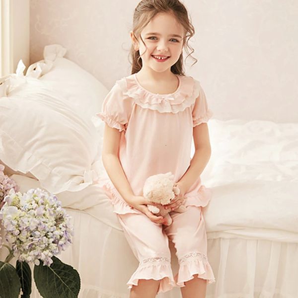 Pajamas 2 Colors Summer Kid Girl Lolita Cotton Lace Pajama Set.Toddler Baby Short Sleeve Pyjamas Set Cute Sleepwear.Children&#039;s Clothing