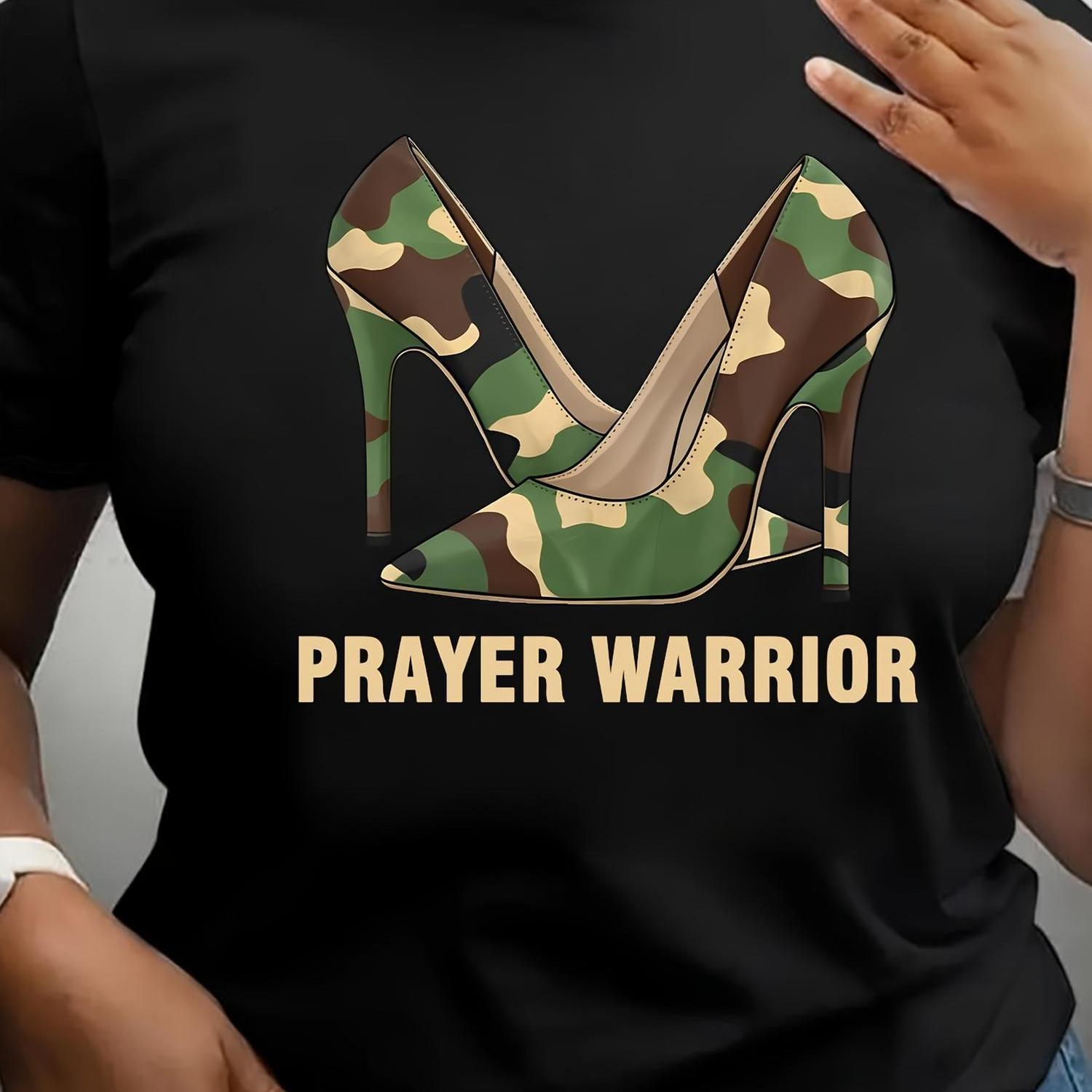 TEMU Women's " Warrior" Camo High Heels Graphic T-shirt - Black Crew Neck, Short Sleeve, Stretch Knit Fabric, Fit, Casual Cotton Tee With Lettering &
