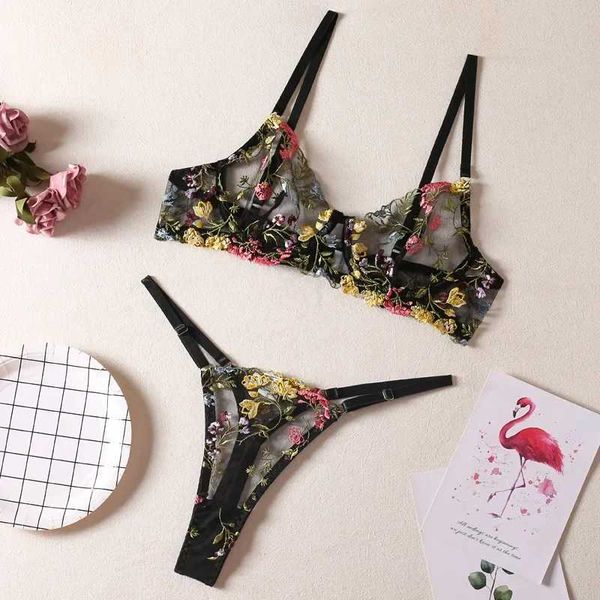 Floral Embroidery Lingerie Set Women Sheer 2-Piece Boho Bra + Panty Underwear Set IntimatesXJ241205