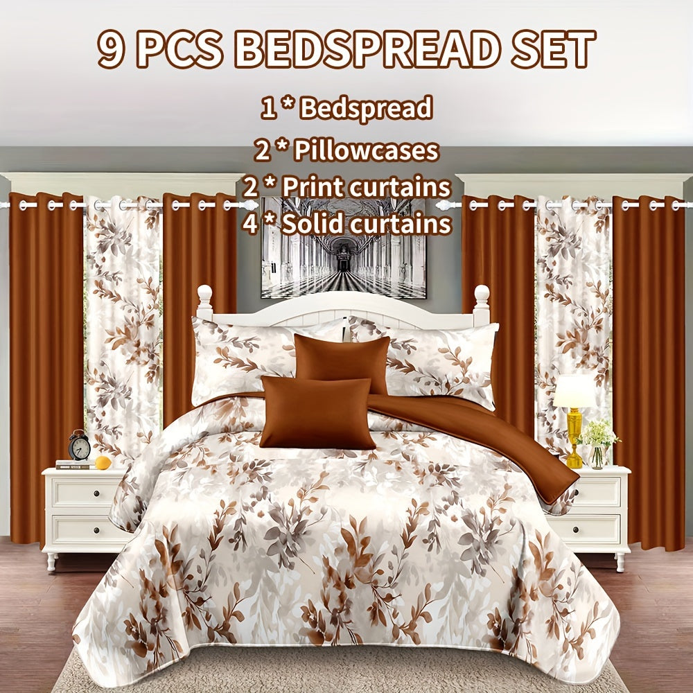 TEMU Cal King, King, Queen Size 9-piece Embroiderd Bedding Set Including: 1pcs Bed Cover, 2pcs Pillowcases, 2pcs Printed Curtains And 4pcs Solid