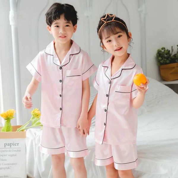2 pieces of baby boy and girl sleepwear silk satin top shorts solid color button down sleepwear satin set luminous childrens sleepwear W2412