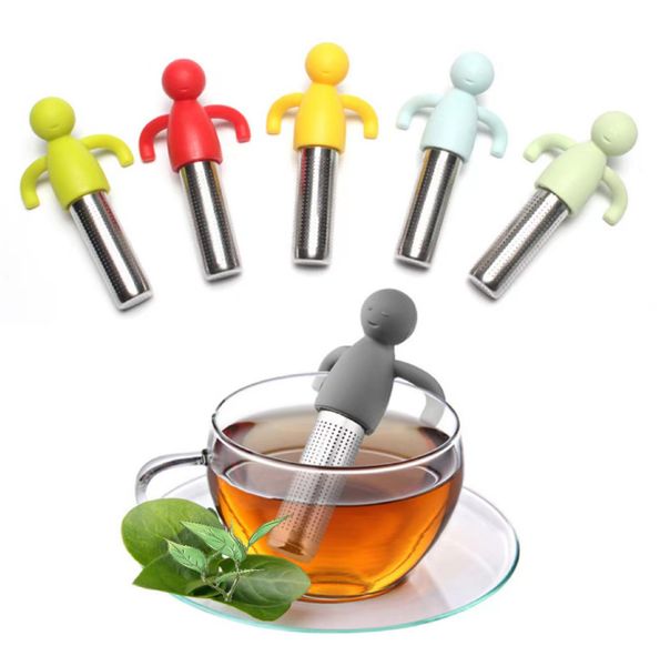 200pcs Silicone Stainless Steel Humanoid Tea Strainer Filter Leakage Infuser Cup Decoration Creative Ornament Gadgets Lazy Tealeaf Diffuser
