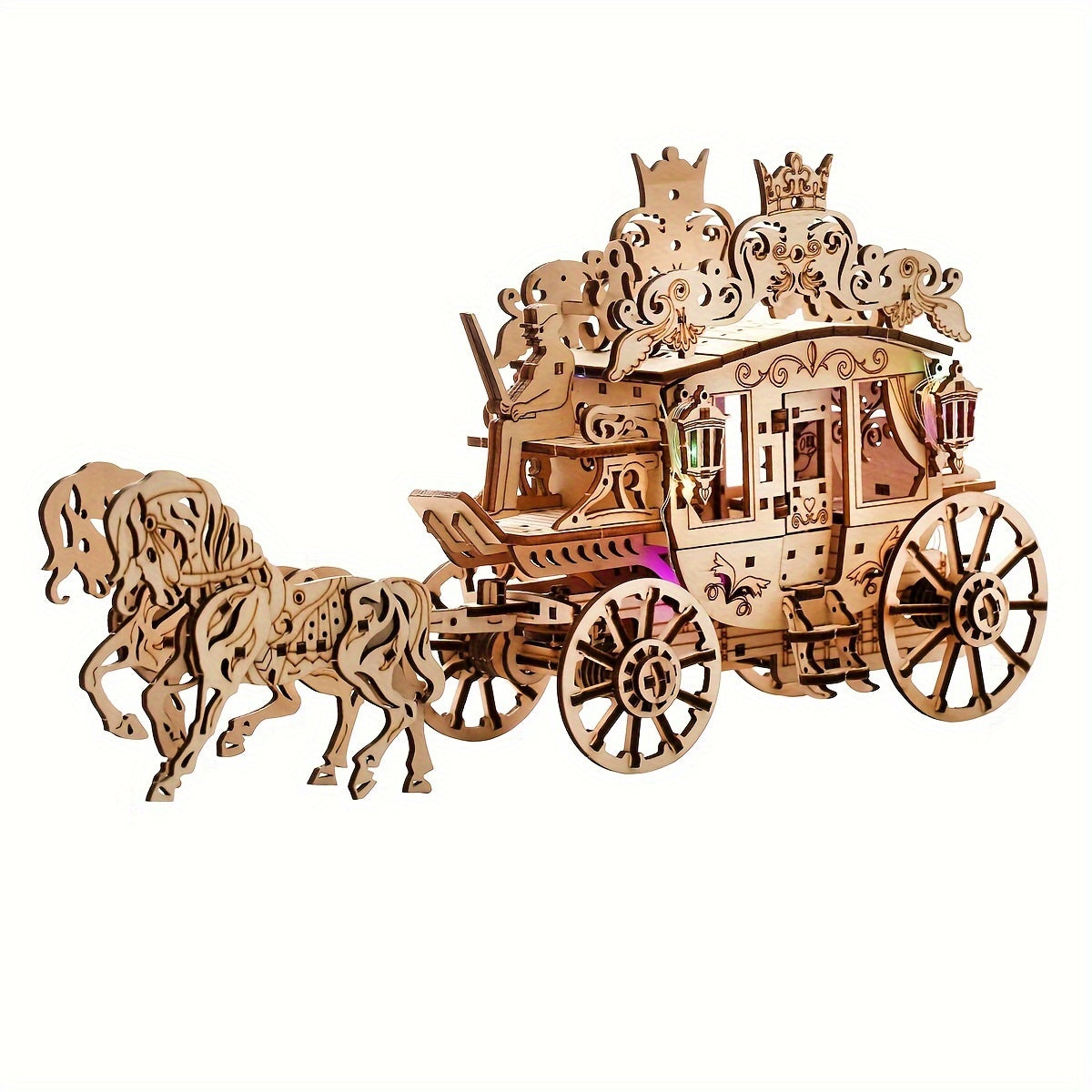 TEMU 3d Wooden Puzzle Diy Carriage Model, Tabletop Decor Craft With Night Light, Rustic 3d Horse-drawn Cart Assembly Kit, Festive Desktop Decoration,