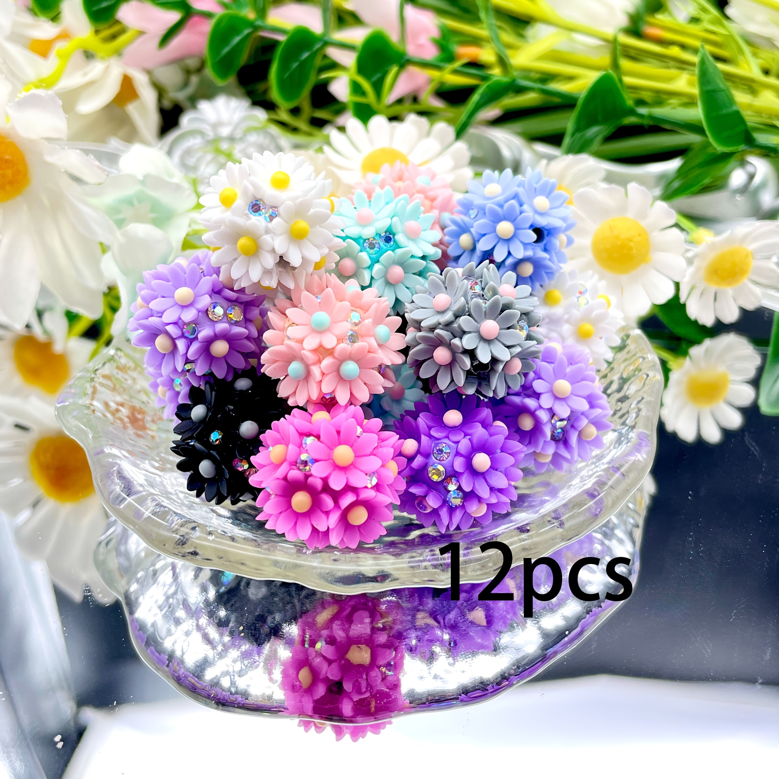 TEMU 12pcs Of 20mm Soft Clay Flower Ball Beads In Purple, White, Blue, Green, Red, And Black, Mixed Colors For Diy Bracelets, Keychains, Decorative