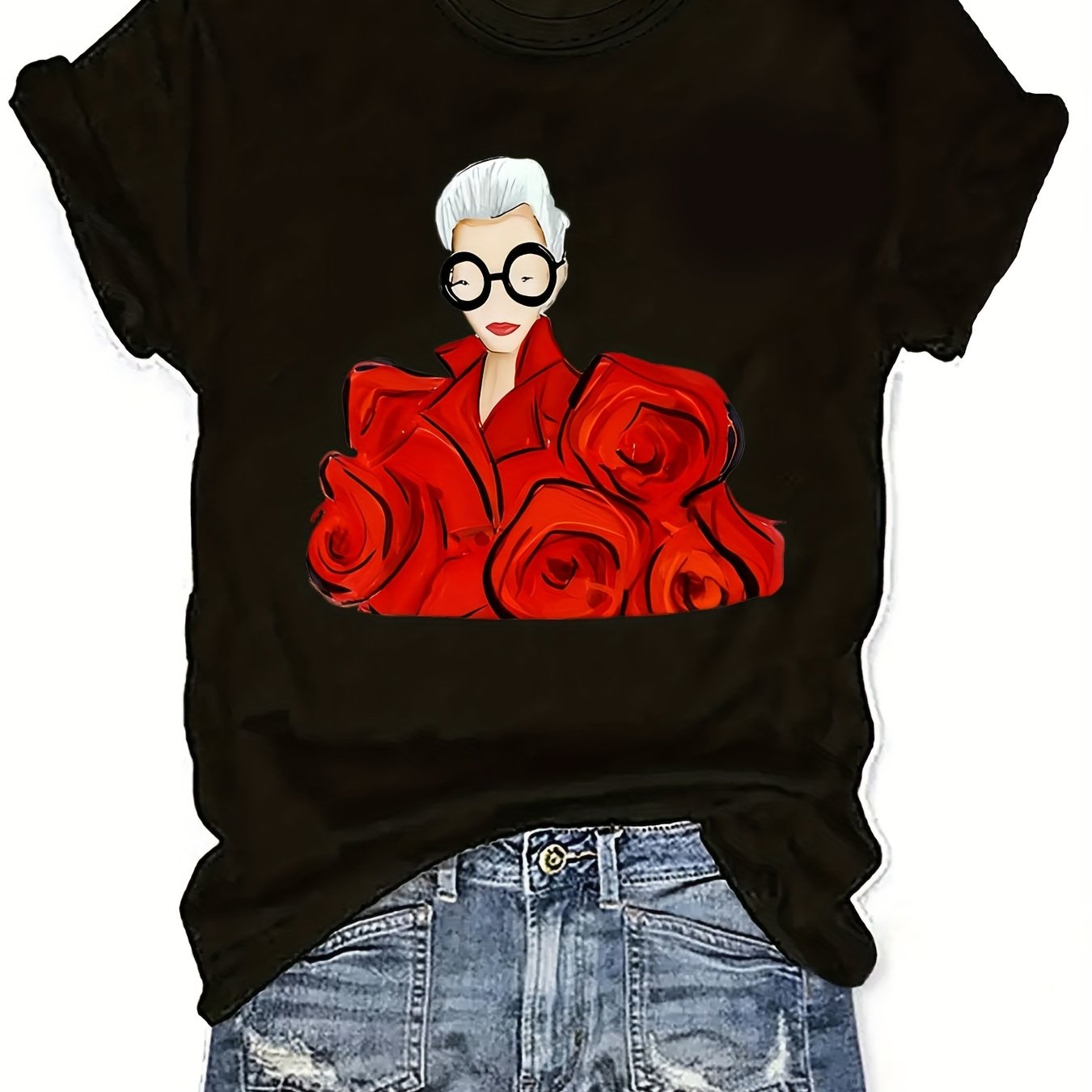 TEMU Women's Floral Graphic T-shirt, Casual Crew Neck Short Sleeve Top, Polyester Knit Fabric, Regular Length, All - 95% Polyester 5% Elastane