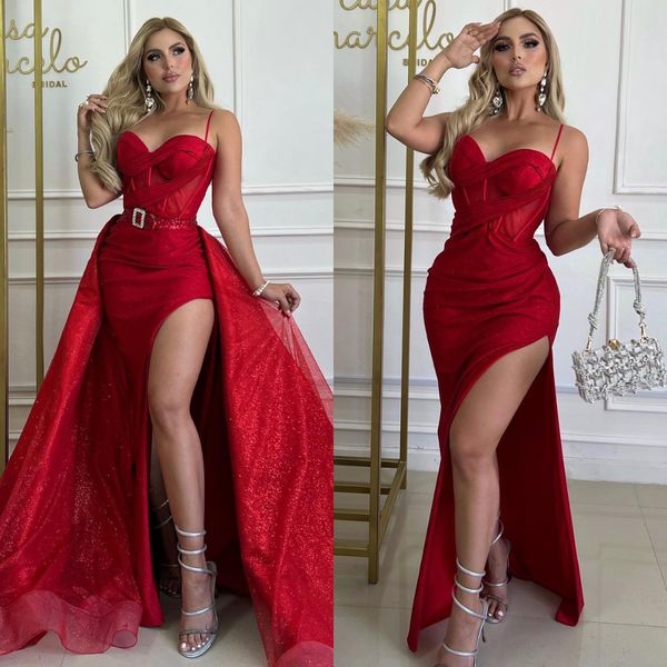 Red Mermaid Evening Dresses With Detachable Overskirts Sweetheart Glitter Party Prom Split Sweep Train Long Dress For Special Ocn 0927