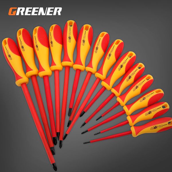 GREENER VDE Insulated Electrician Screwdriver 1000V S2 Magnetic Electrical Screw Driver Wire Stripper Tool Bit Set Kit