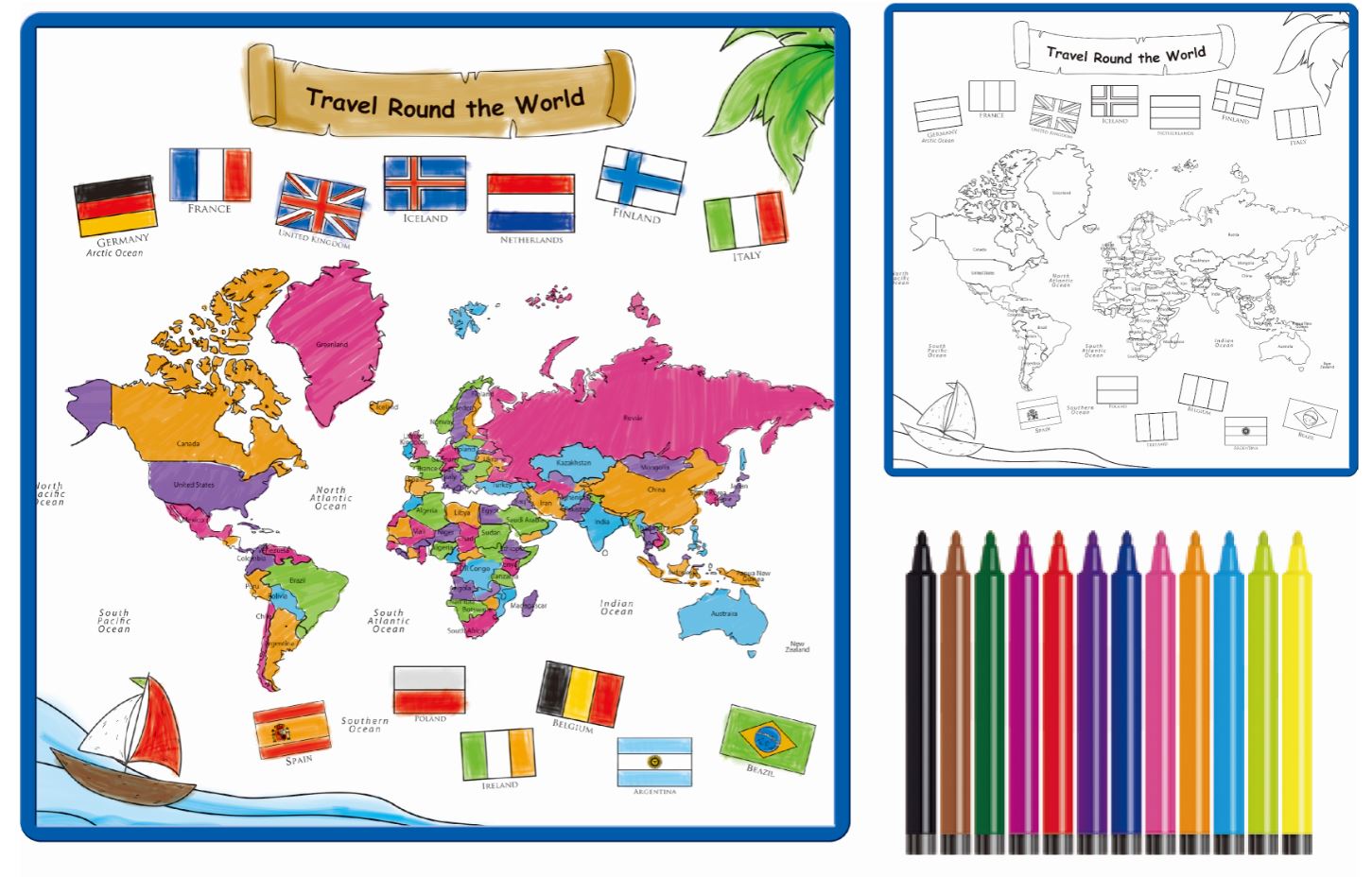 Kids' Washable Coloring Mat with 12 Washable Markers - World Map 19.5”x19.5”