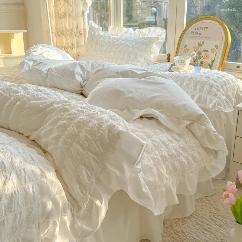 Bedding Sets Korean Princess Style Lace Ruffles Set Skin-friendly Soft Seersucker Duvet Cover Bed Sheet Or Skirt Pillowcases