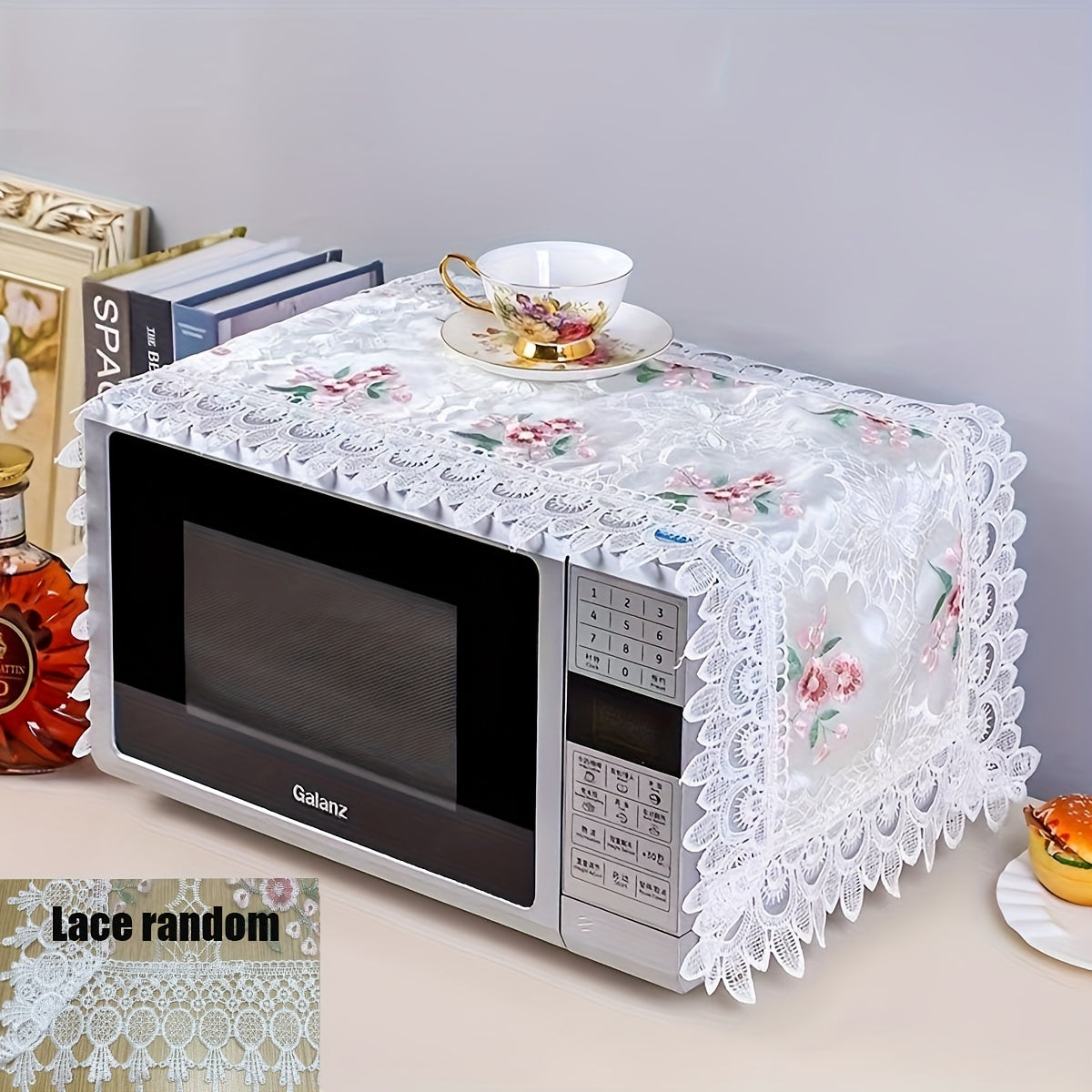 TEMU Elegant Floral Polyester Microwave Oven Cover, Versatile Decorative Fabric Tablecloth With Lace Trim, Woven Square Design For Kitchen And Dining