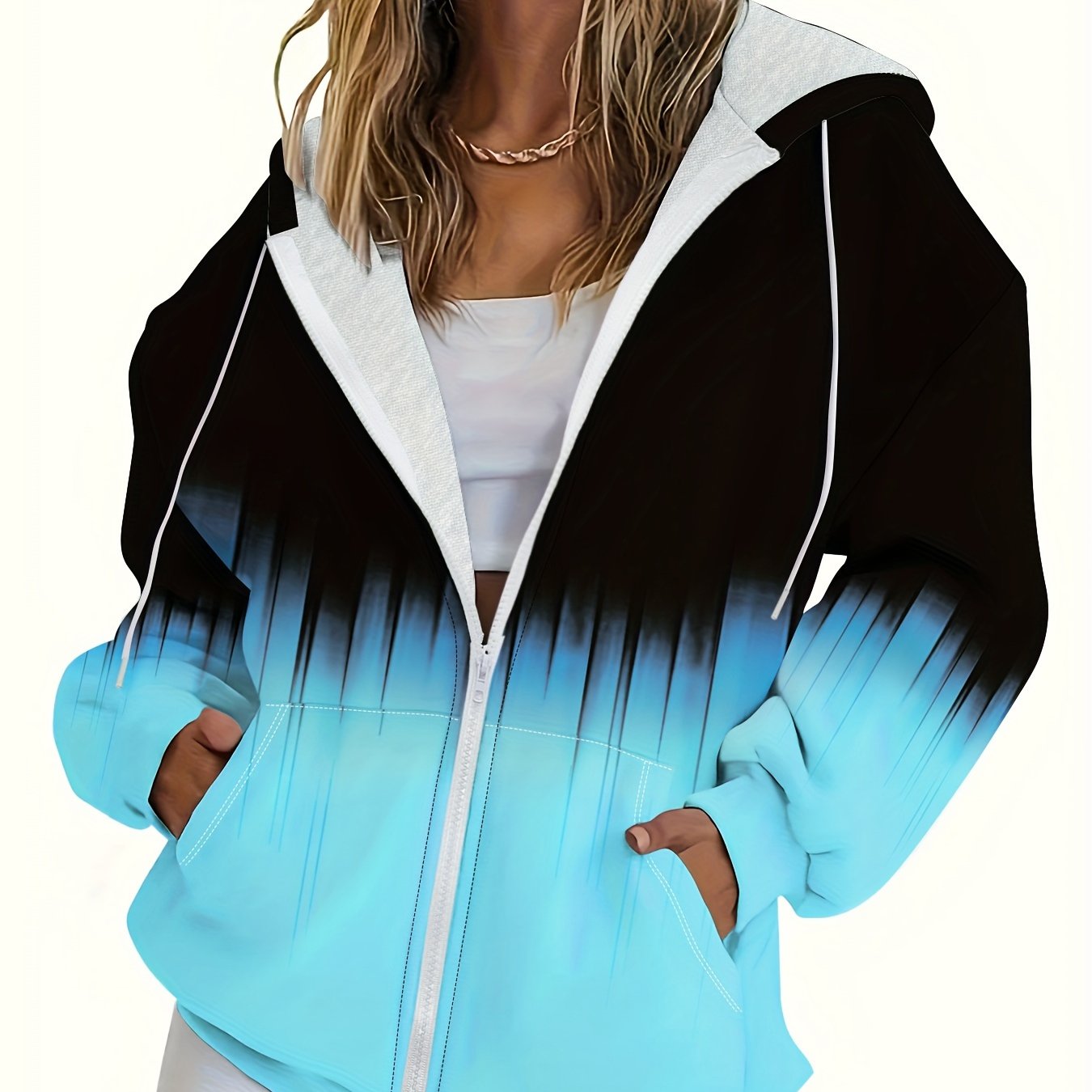 TEMU Plus Size Zip Front Hoodie, Casual Drawstring Kangaroo Pocket Long Sleeve Hooded Sweatshirt, Women's Plus Size Clothing