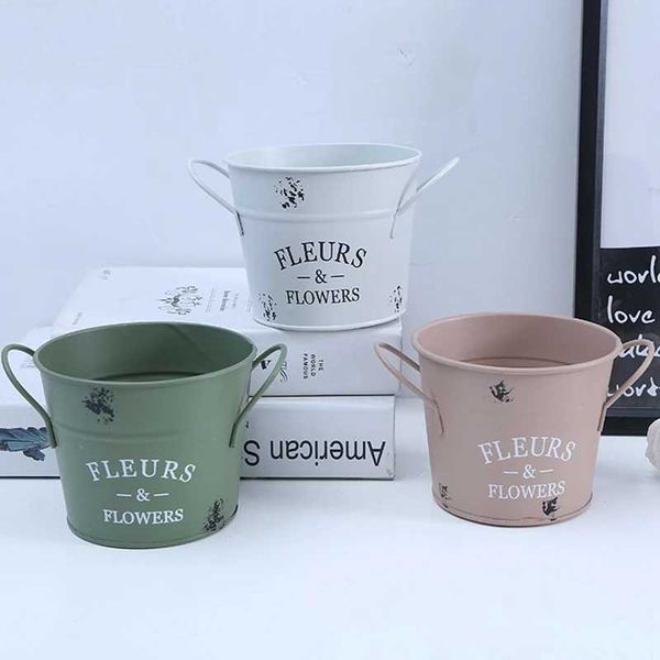 Planters Pots Round Iron Sheet Flower Bucket Planting Retro Planter Pot Container Flowerpot Decor S2412216