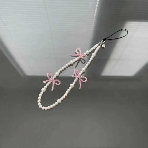 Cell Straps Charms Korea Cute Pink Bowknot Pearl Pendant Beaded Phone Charm For iPhone Accessrioes Lanyard Woman Girl Jewelry Hanging Rope S