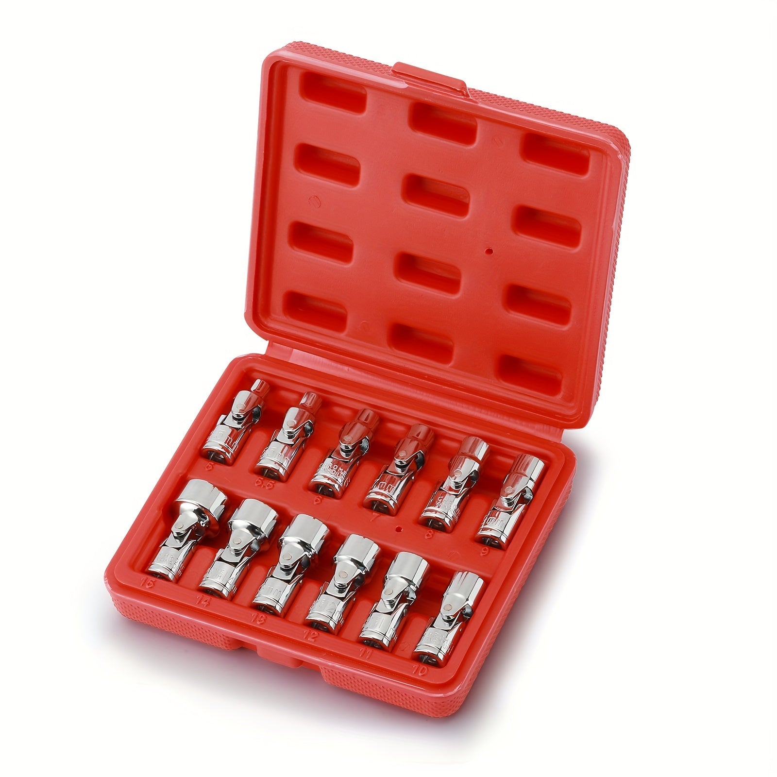 TEMU 12pcs 1-4" Drive Universal Flex Socket Set, Metric, 5mm-15mm, 6-point, , Swivel Head, 360 Degree Access, Mirror Chrome Finish