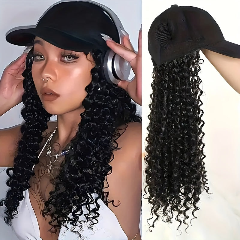 TEMU Black Baseball With Long Hair Extension - Adjustable Synthetic Wig For Women, 200% Density Afro Curly-kinky Style, Parties And Casual Attire,