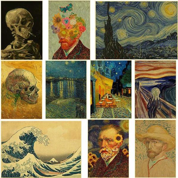 Oil painting posters hot retro kraft paper printing Van Gogh starry sky retro home room coffee bar art wall decoration aesthetic pictures Y2