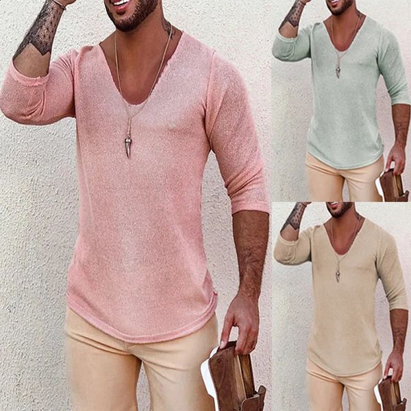 2024 Mens Solid V Neck Long Sleeve Kniited Pullovers Spring Summer Thin Style Slim Sweaters Casual Mens Clothing Knitting Tops 250206
