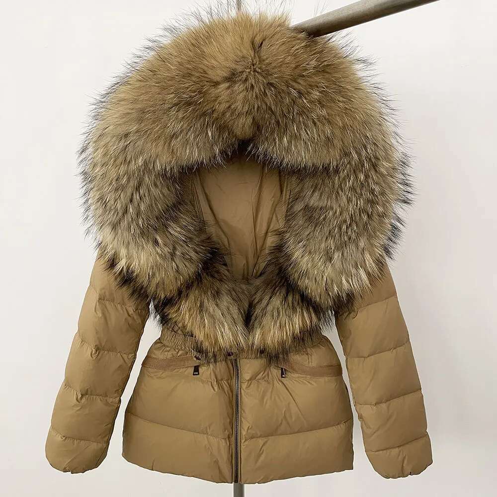 Natural Real Raccoon Fox Fur Collar Jacket 2024 Winter Women Hooded White Duck Down Coat Belt Thick Warm Casual Outerwear