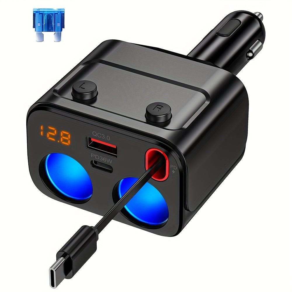 TEMU 180w Auto Car Lighter Splitter Retractable Charger With Qc3.0 And 36w Pd Port, 2 Car Lighter Socket With Voltage Display For Car-.