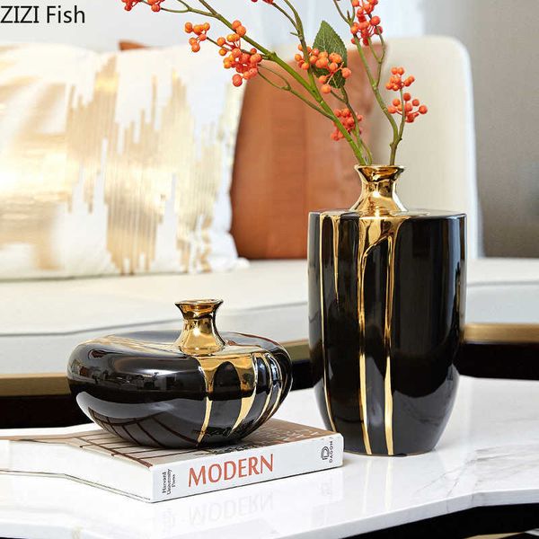 Vases Modern Luxury Ceramic Vase Flower Arrangement Dried Flower Decoration Black Gold Vase Living Room Decoration Flower Vase Home Y23