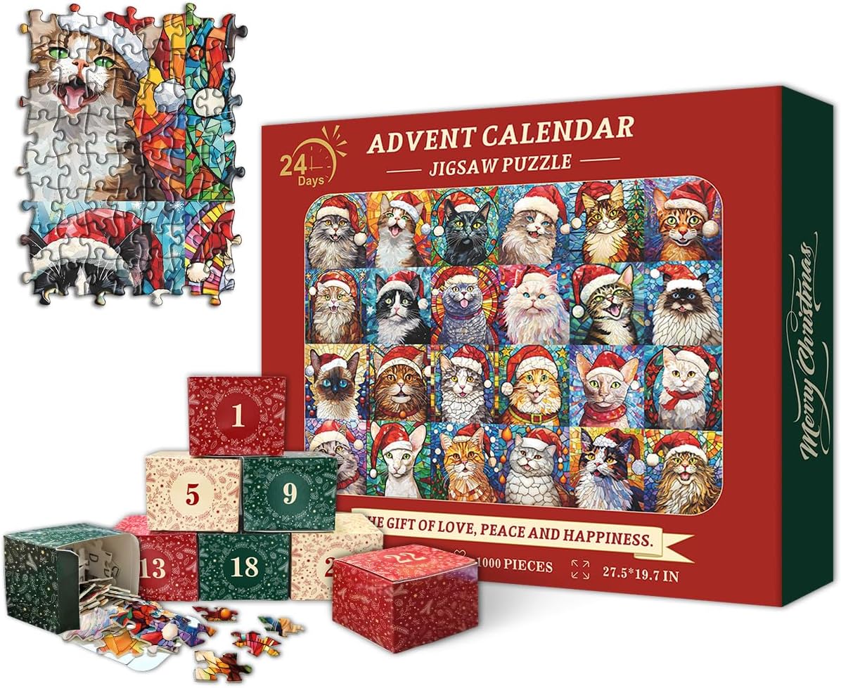 Christmas Advent Calendar 2024 Puzzles 1000 Pcs, Cat Mosaic Stained Glass Puzzle Countdown Calendar, Christmas Jigsaw Puzzles as Home Decor