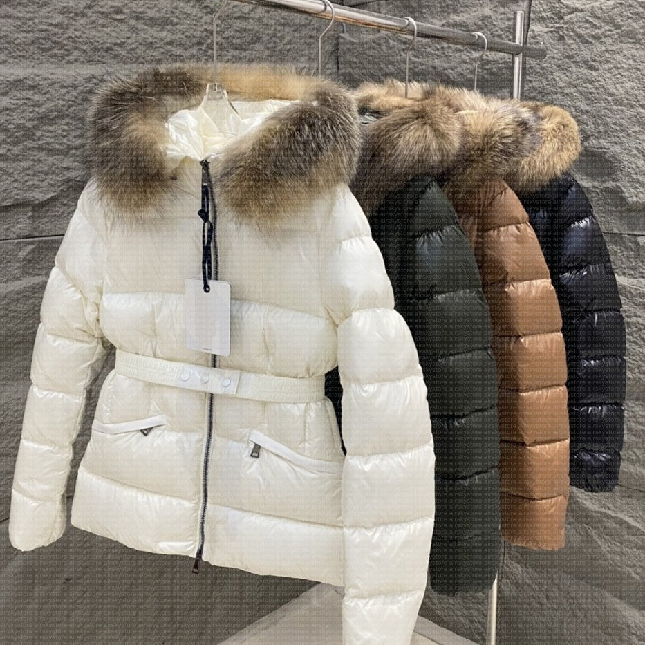 Women designer luxury jacket winter down jackets fur coats real hair collar warm fashion parkas with belt lady cotton coat outerwear big pocket