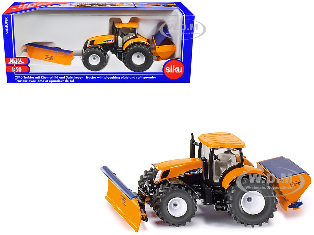 New Holland T7070 Tractor with Ploughing Plate and Salt Spreader Yellow 1-50 Diecast Model by Siku
