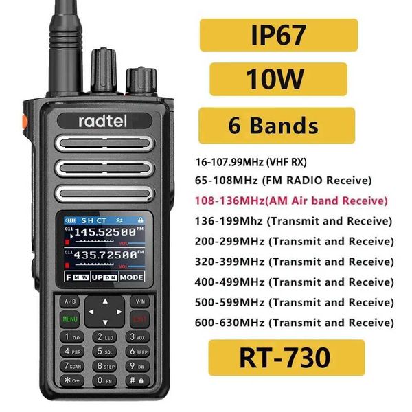 Walkie Talkie Radtel RT-730 IP67 Waterproof 10w Air Band Walkie Talkie CB SSB Amateur Ham HT 199CH USB-C Battery NOAA Police Scanner SatcomL