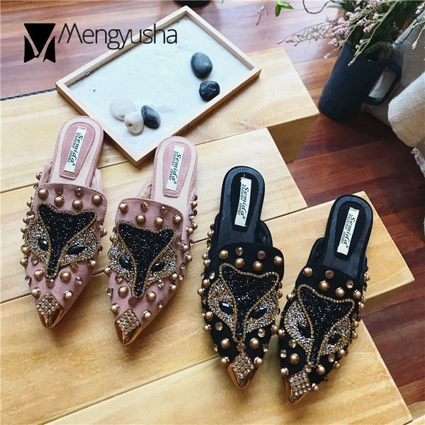 pattern Fox babouche mujer mules slides summer crystal metal toe slippers woman studs bg sandalias ladies flip ps