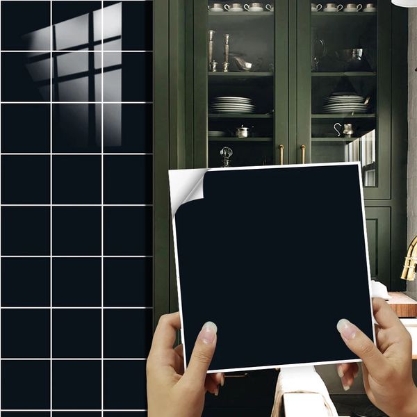 10pcsset Solid Color Diamond Black Tiles Sticker Kitchen Backsplash Oilproof Cupboard Peel Stick Waterproof Art Wall Decals 240527
