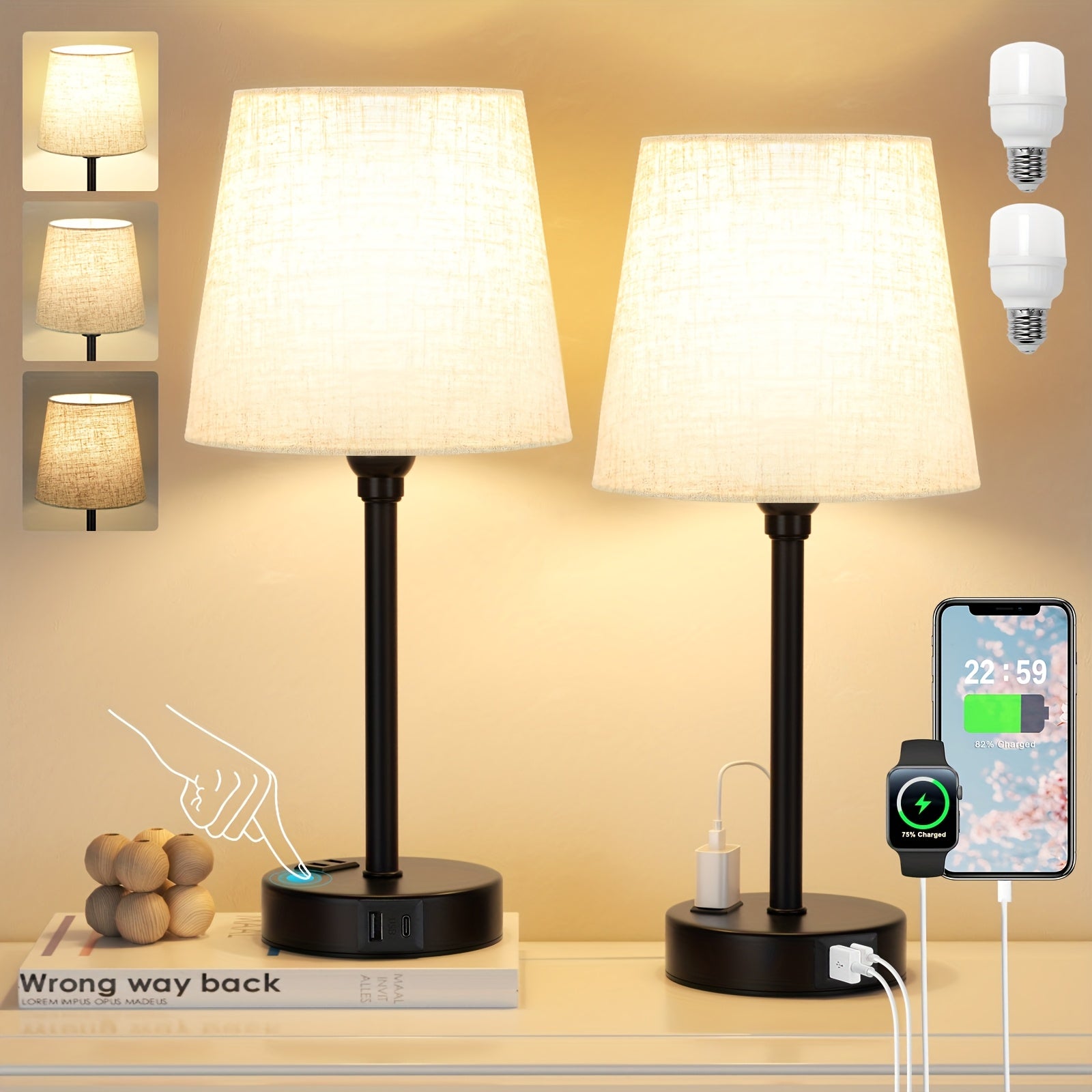 TEMU Set Of 2, 3 Way Dimmable Touch Control Office Table Lamps, Desk Reading Lamps With Usb-a+c&ac Outlet Charging Port, Lamps For Office, Dorm, Bulb