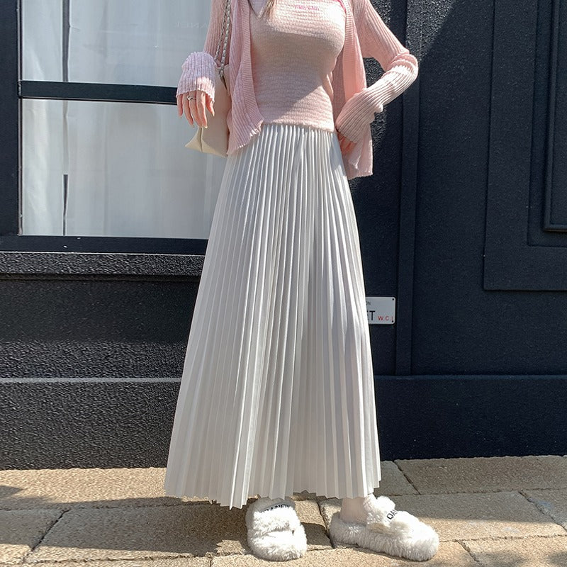 autumn and winter new white pleated skirt skirt womens gentle and advanced temperament aword skirt pressfold long skirt big swing skirt